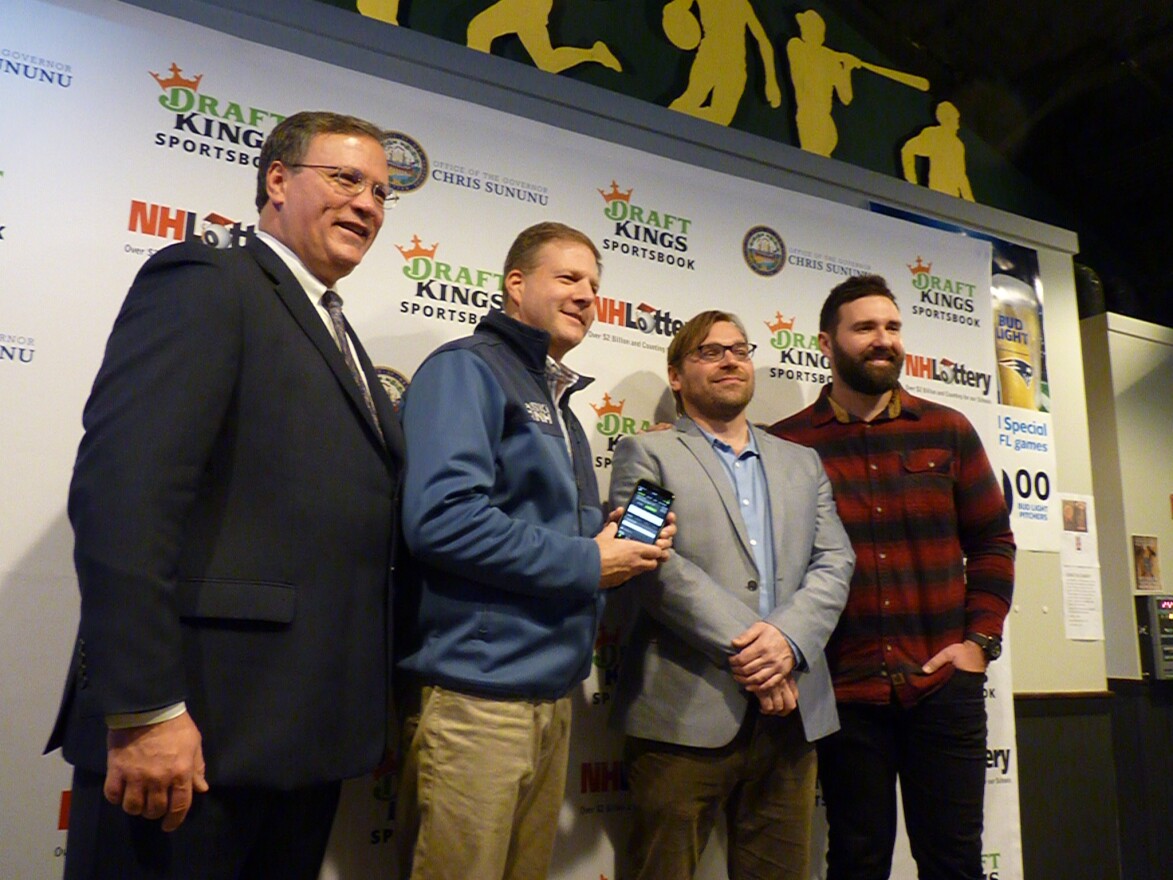 From left: N.H. Lottery Director Charlie McIntyre, Gov. Chris Sununu, Matt Kalish of Draft Kings, and former Patriot Rob Ninkovich.